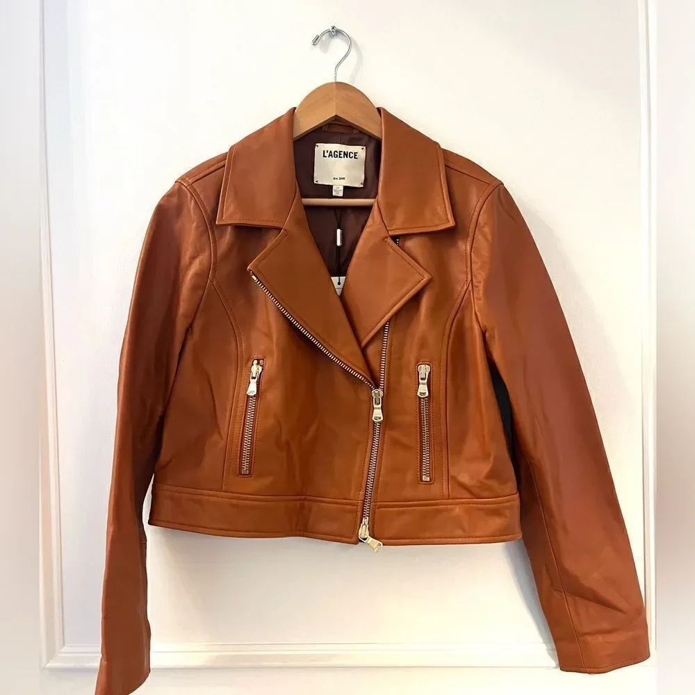 L'AGENCE Onna‎ Cropped 100% Lamb Leather Biker Moto Jacket in Tan Umber NEW Tags
